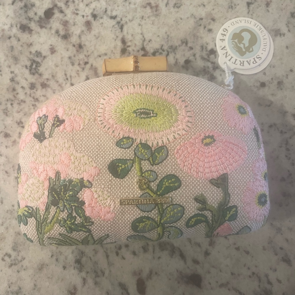 Spartina 449 Floral Embroidered Cosmetic Bag - Pink and Green